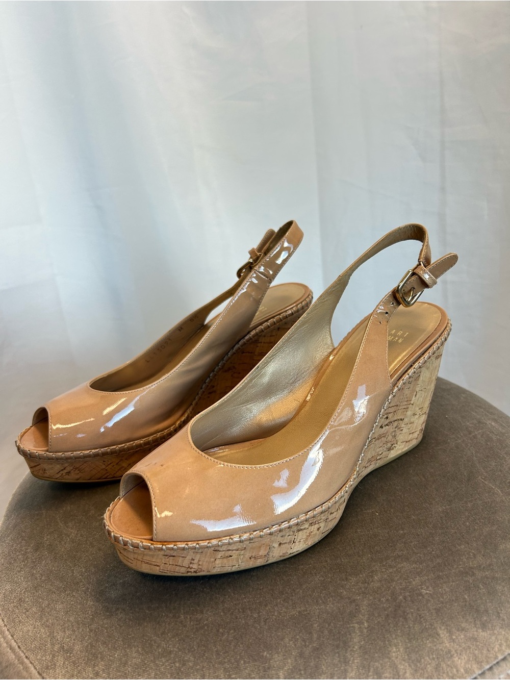Stuart Weitzman beige jean Patent Peep-Toe Cork Wedge Slingbacks Nude 8.5